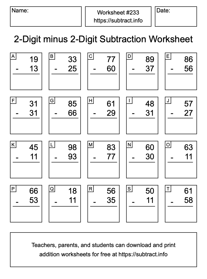 Subtraction Worksheet #233 (2-Digit minus 2-Digit)