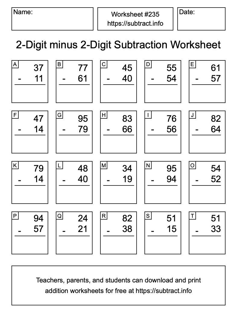 Subtraction Worksheet #235 (2-Digit minus 2-Digit)