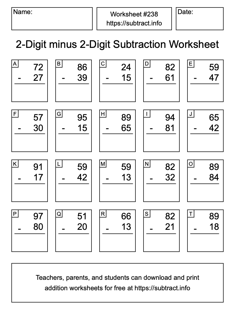 Subtraction Worksheet #238 (2-Digit minus 2-Digit)