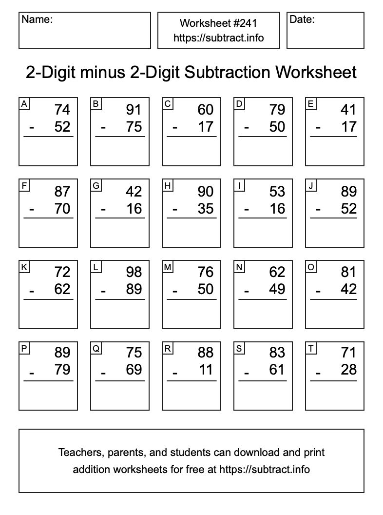 Subtraction Worksheet #241 (2-Digit minus 2-Digit)