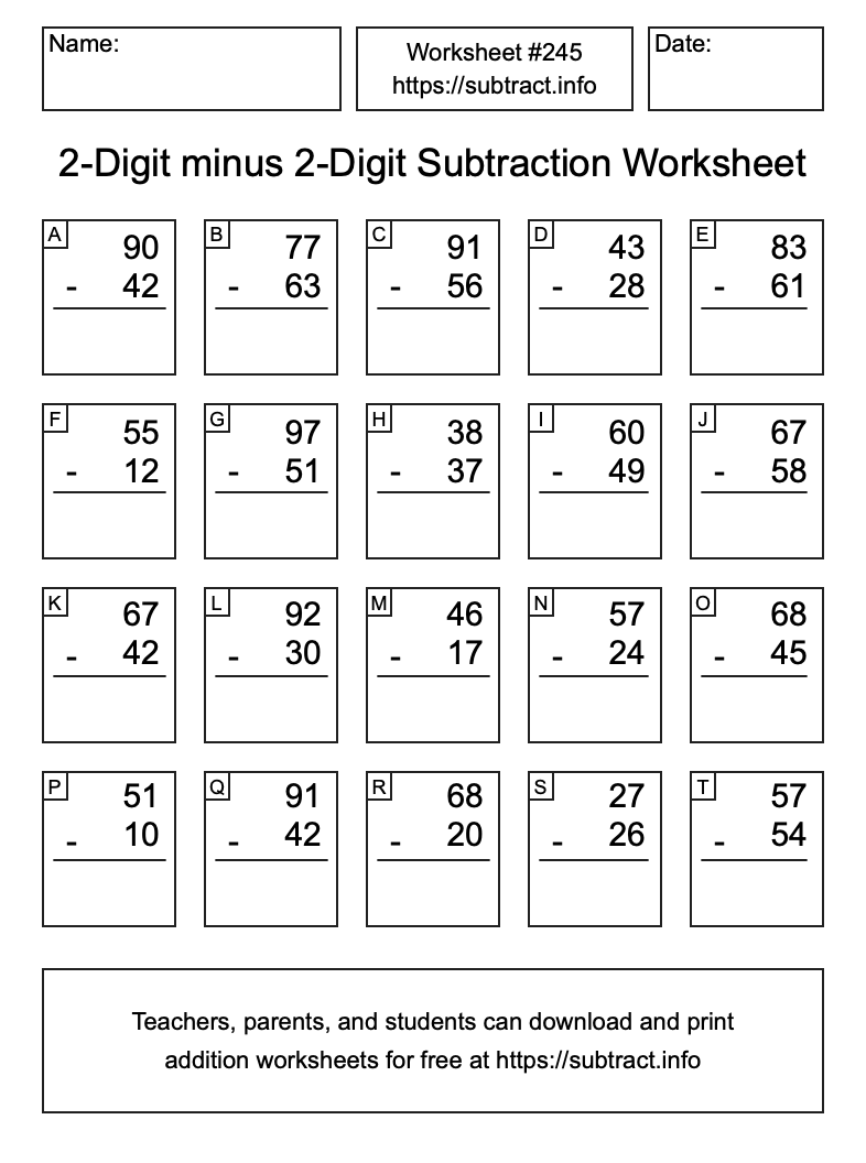 Subtraction Worksheet #245 (2-Digit minus 2-Digit)