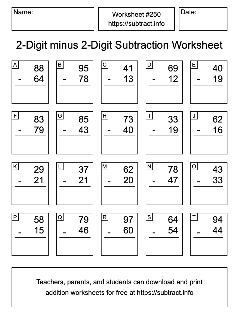Subtraction Worksheet #250 (2-Digit minus 2-Digit)