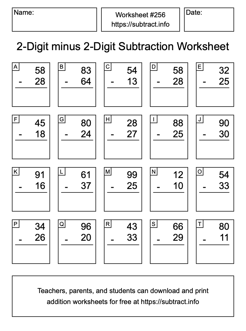 Subtraction Worksheet #256 (2-Digit minus 2-Digit)