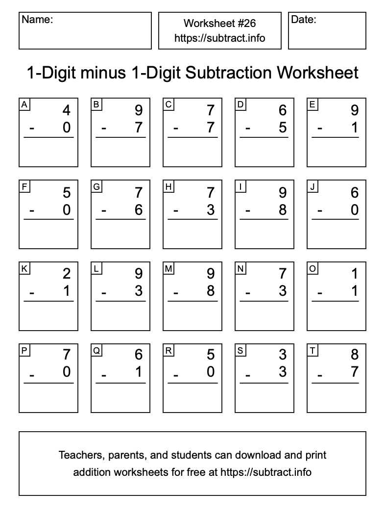 Subtraction Worksheet #26 (1-Digit minus 1-Digit)