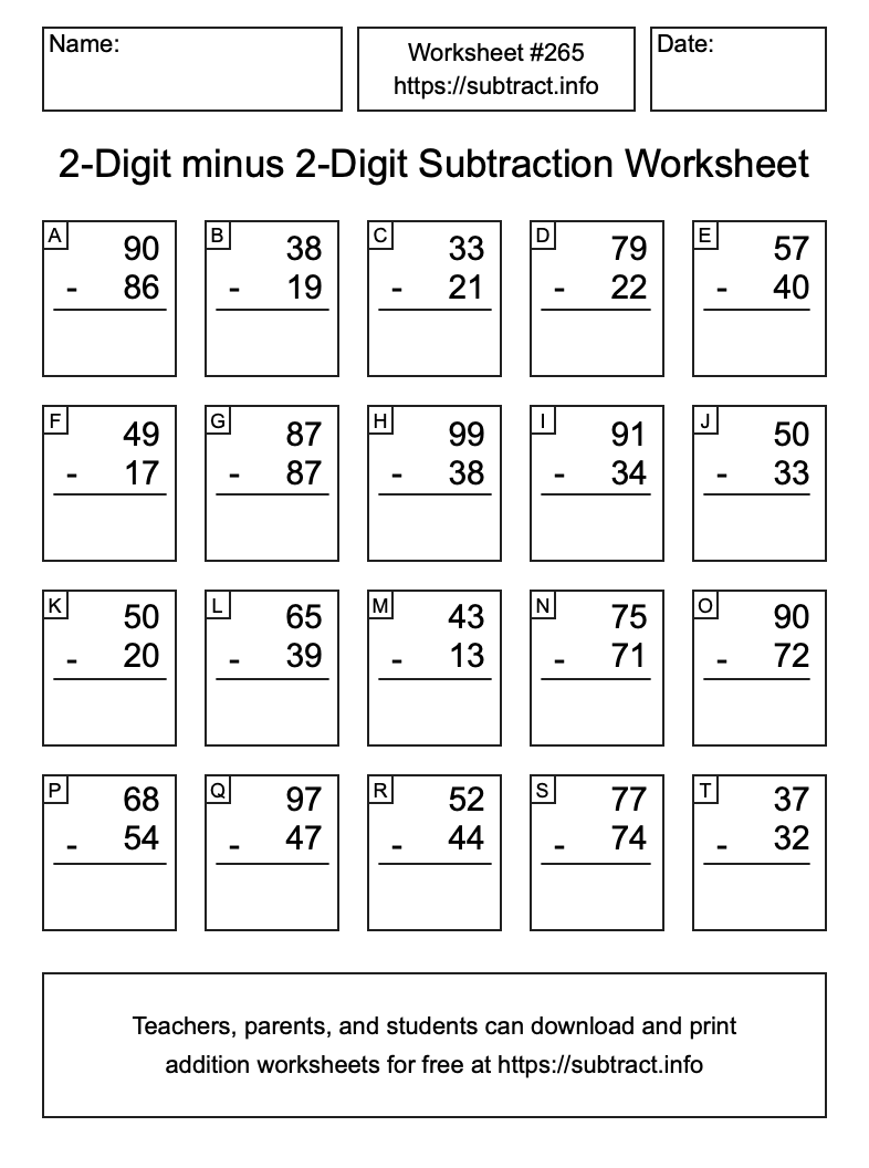Subtraction Worksheet #265 (2-Digit minus 2-Digit)