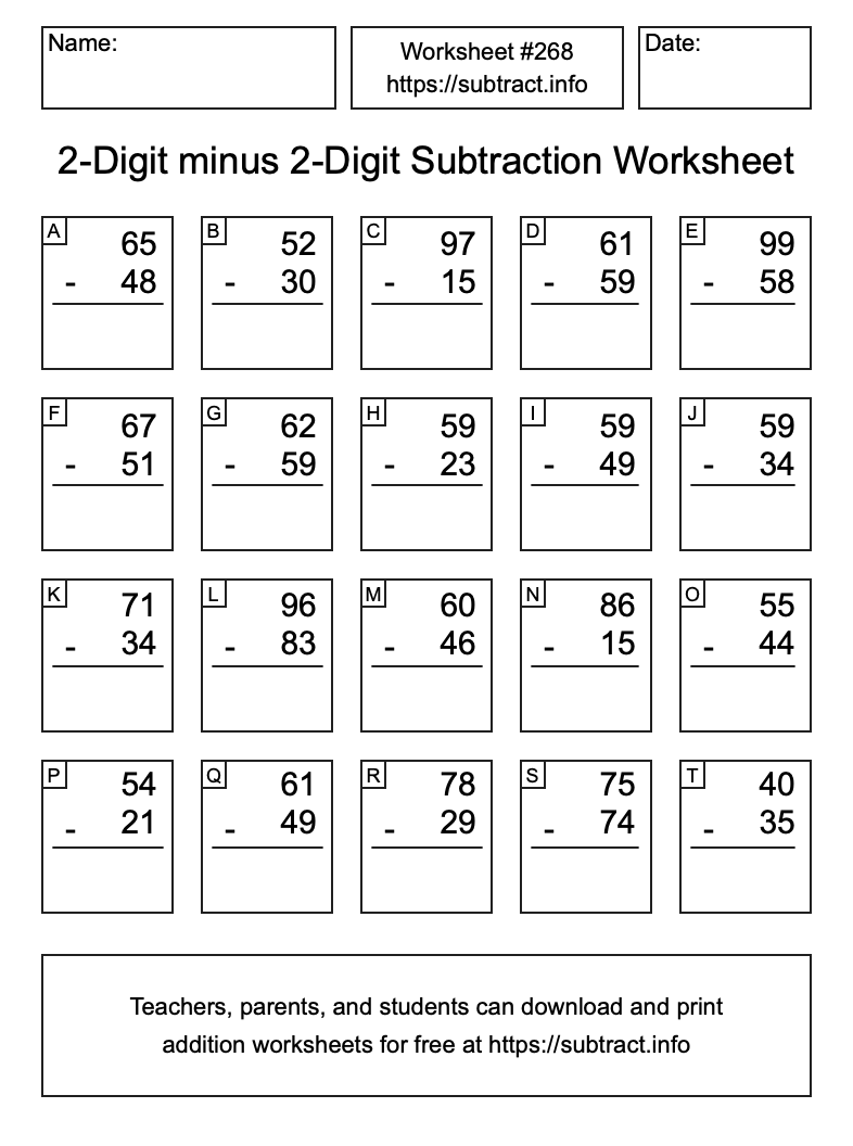 Subtraction Worksheet #268 (2-Digit minus 2-Digit)