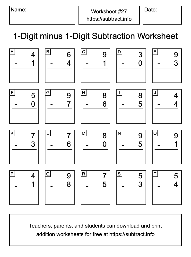 Subtraction Worksheet #27 (1-Digit minus 1-Digit)