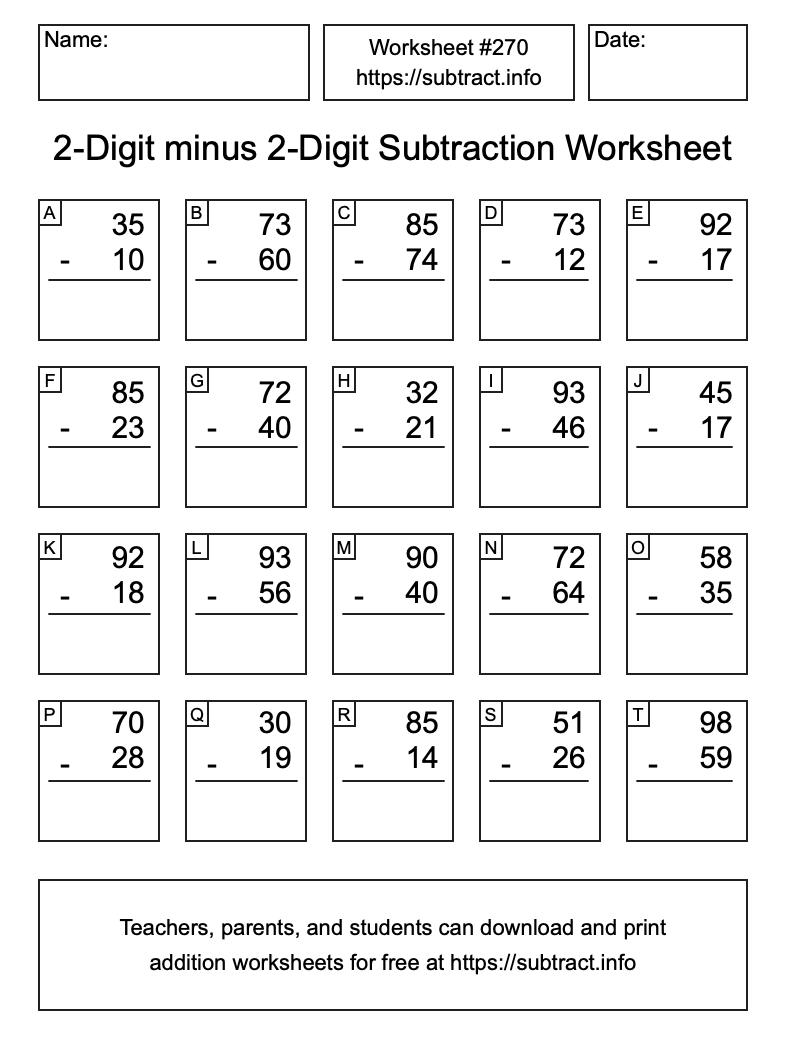 Subtraction Worksheet #270 (2-Digit minus 2-Digit)