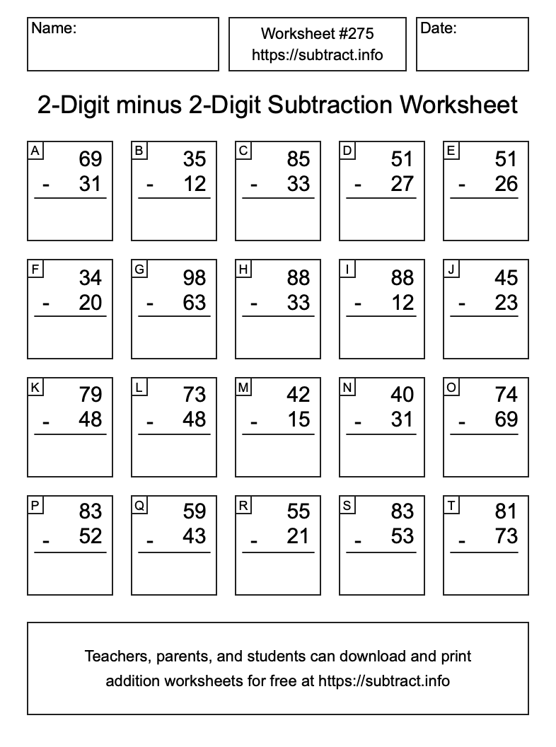 Subtraction Worksheet #275 (2-Digit minus 2-Digit)