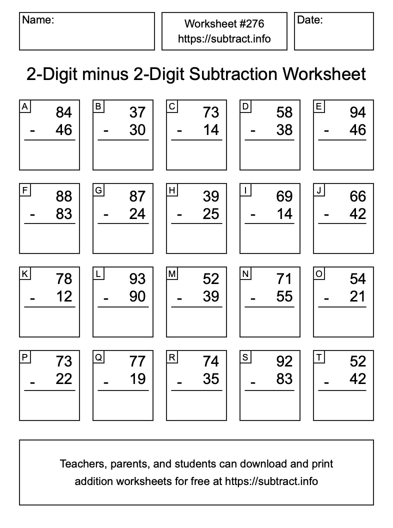 Subtraction Worksheet #276 (2-Digit minus 2-Digit)