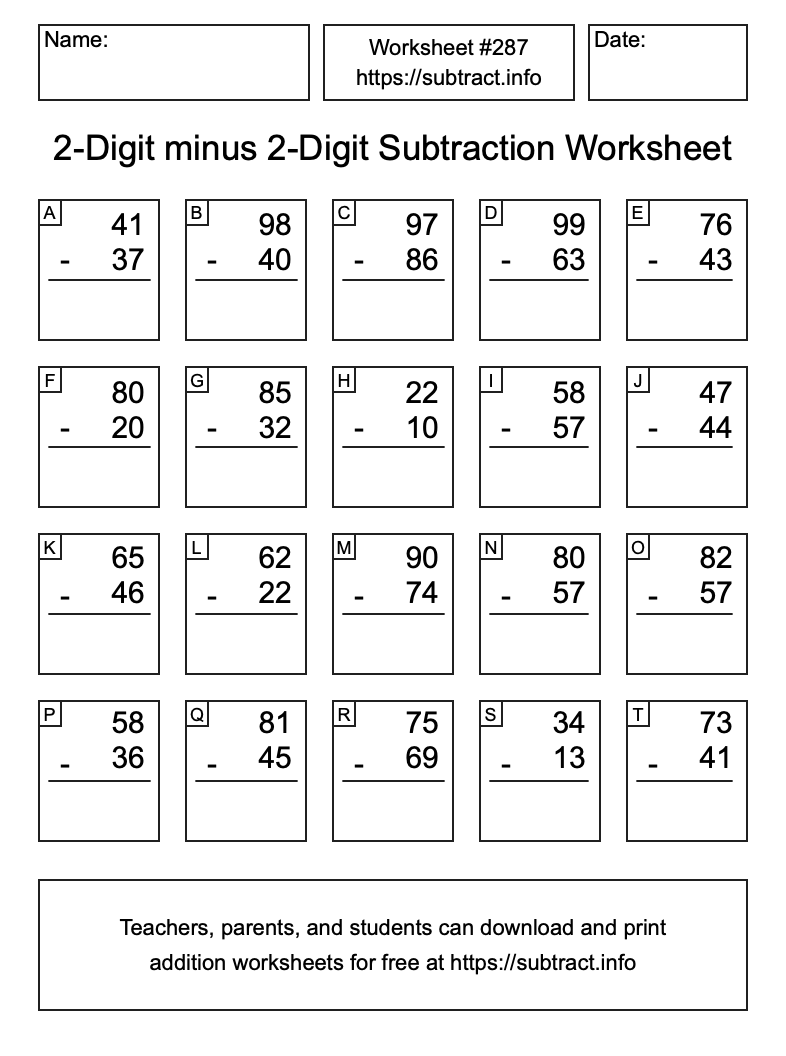 Subtraction Worksheet #287 (2-Digit minus 2-Digit)