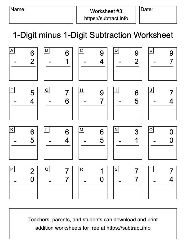 Subtraction Worksheet #3 (1-Digit minus 1-Digit)