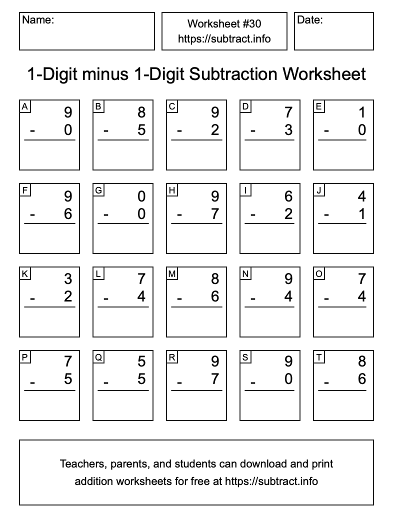 Subtraction Worksheet #30 (1-Digit minus 1-Digit)