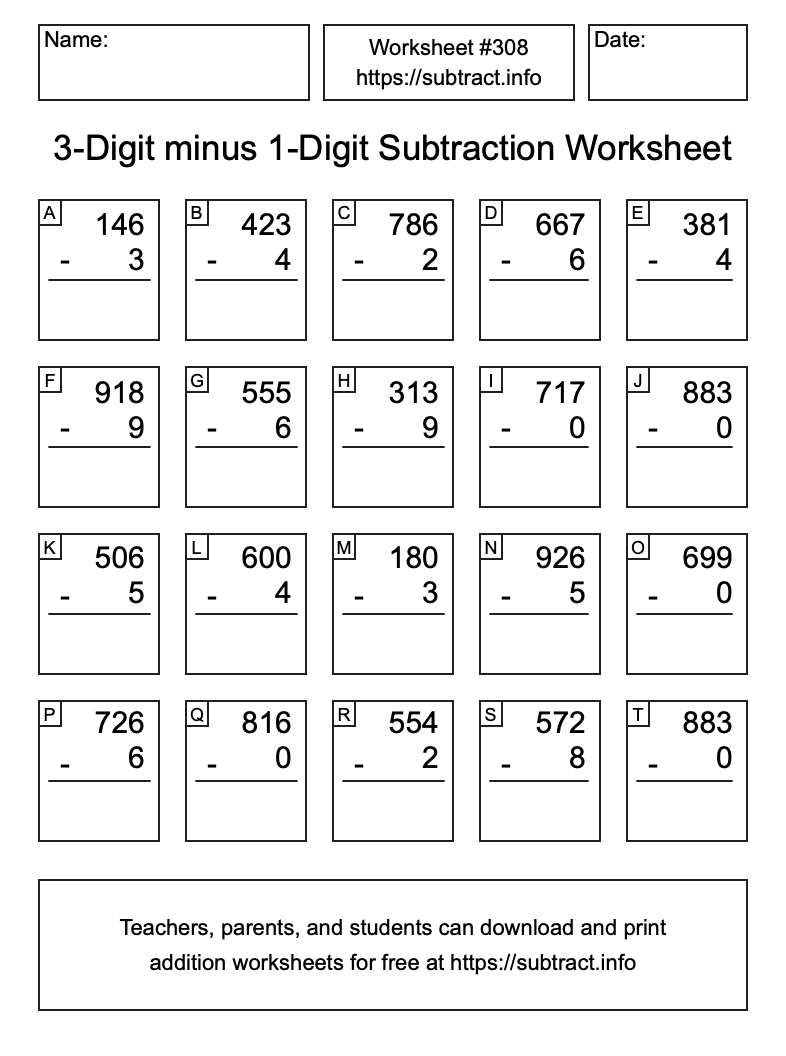 Subtraction Worksheet #308 (3-Digit minus 1-Digit)