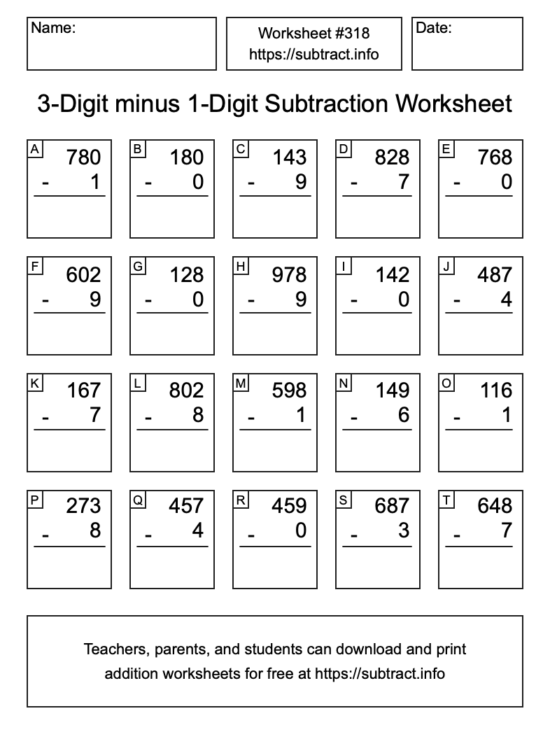 Subtraction Worksheet #318 (3-Digit minus 1-Digit)
