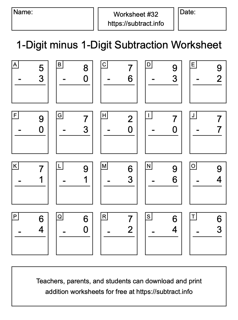 Subtraction Worksheet #32 (1-Digit minus 1-Digit)