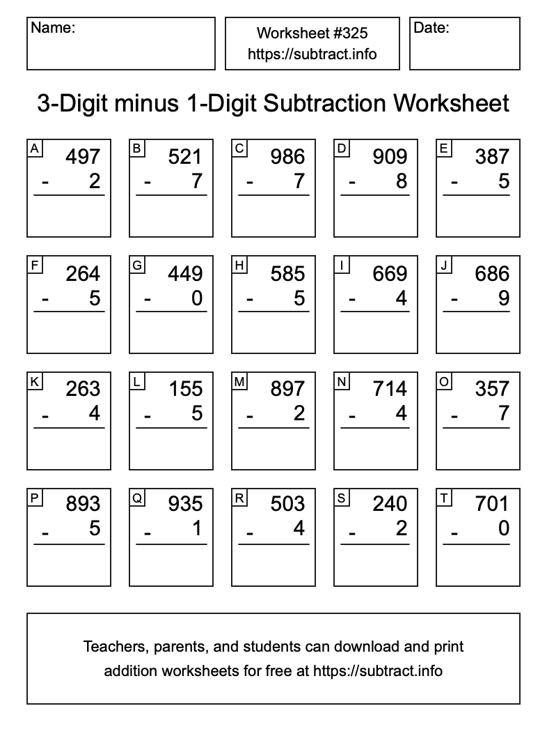 Subtraction Worksheet #325 (3-Digit minus 1-Digit)