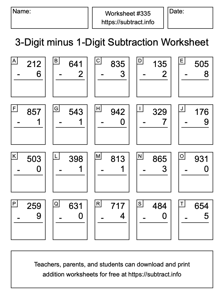 Subtraction Worksheet #335 (3-Digit minus 1-Digit)