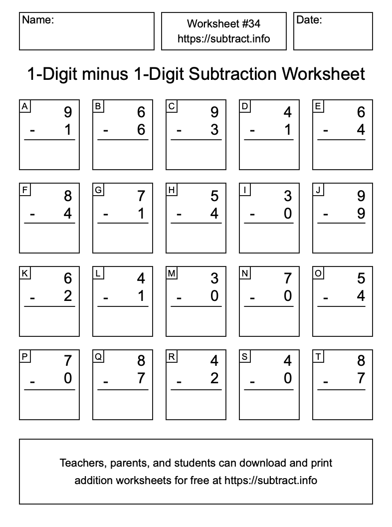 Subtraction Worksheet #34 (1-Digit minus 1-Digit)