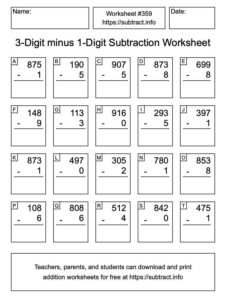 Subtraction Worksheet #359 (3-Digit minus 1-Digit)