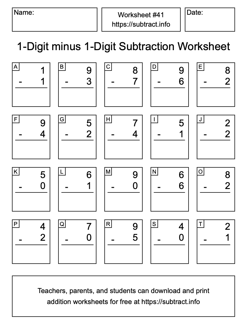 Subtraction Worksheet #41 (1-Digit minus 1-Digit)