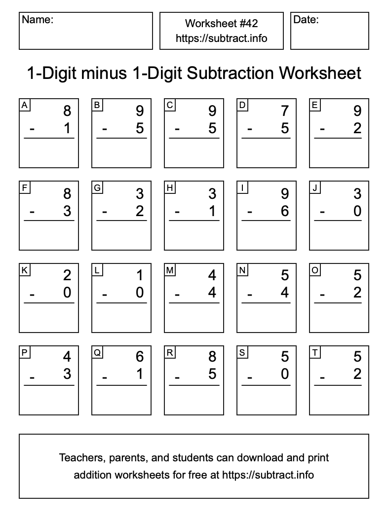 Subtraction Worksheet #42 (1-Digit minus 1-Digit)