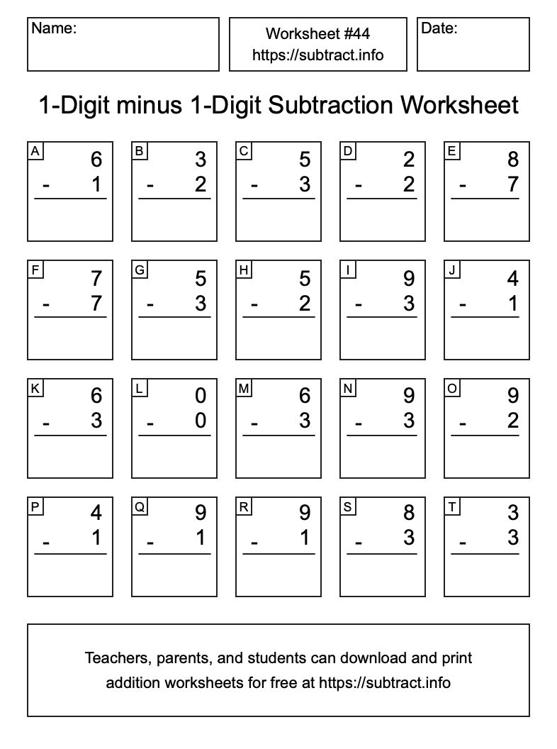 Subtraction Worksheet #44 (1-Digit minus 1-Digit)