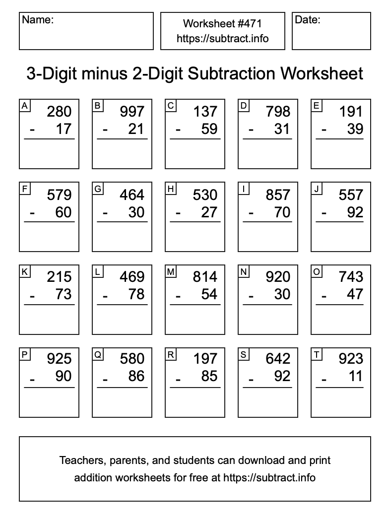 Subtraction Worksheet #471 (3-Digit minus 2-Digit)