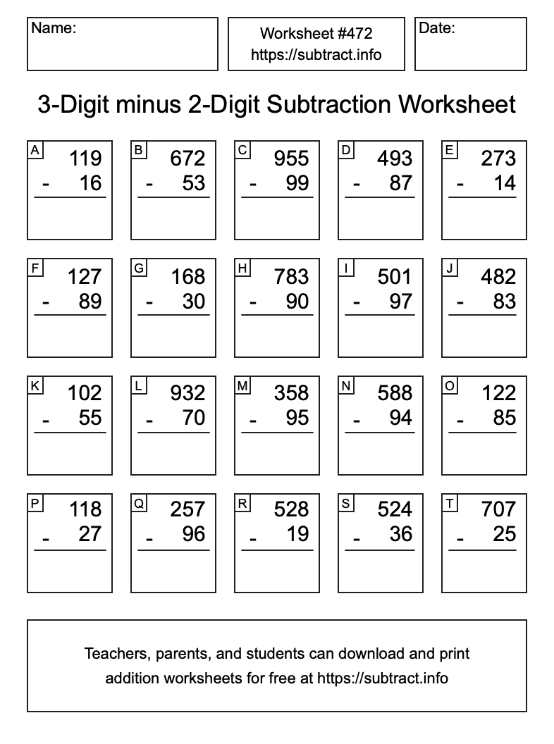 Subtraction Worksheet #472 (3-Digit minus 2-Digit)