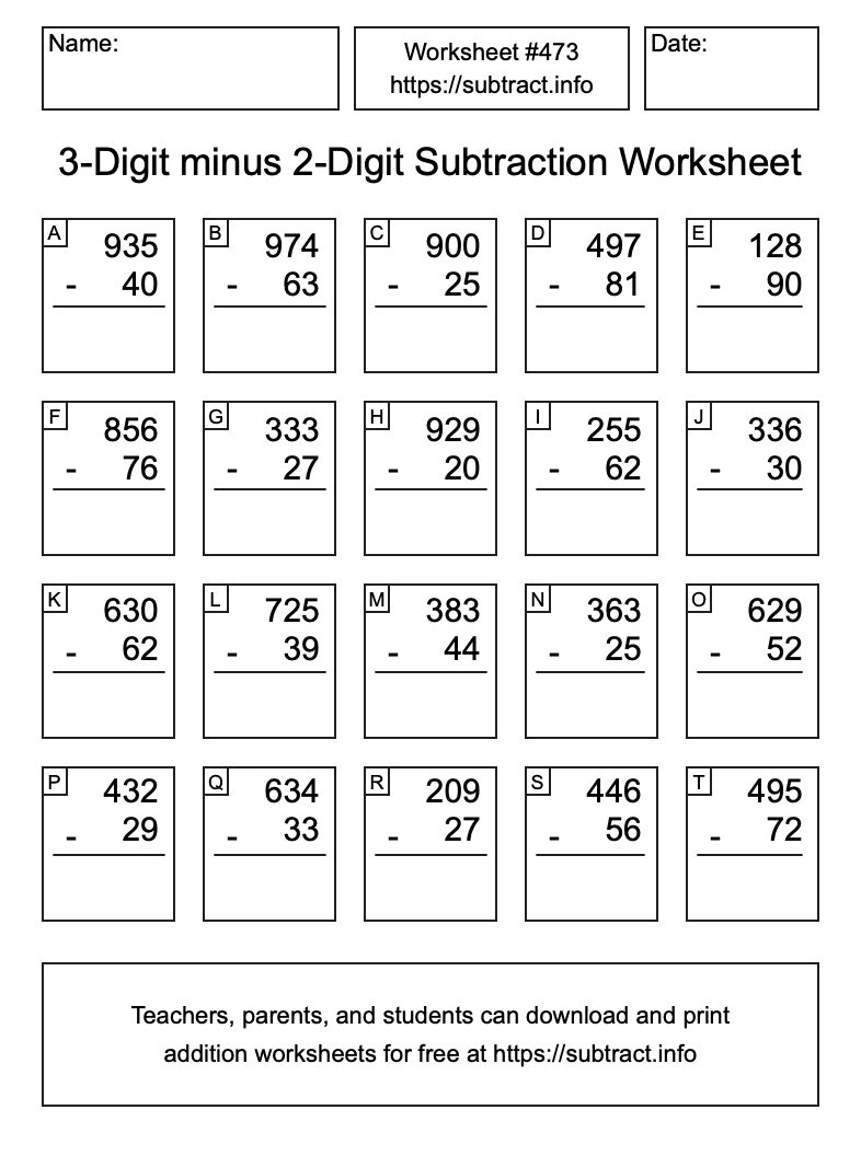Subtraction Worksheet #473 (3-Digit minus 2-Digit)