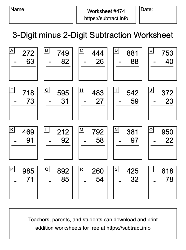 Subtraction Worksheet #474 (3-Digit minus 2-Digit)
