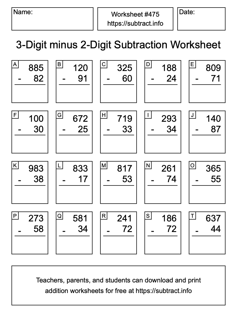 Subtraction Worksheet #475 (3-Digit minus 2-Digit)