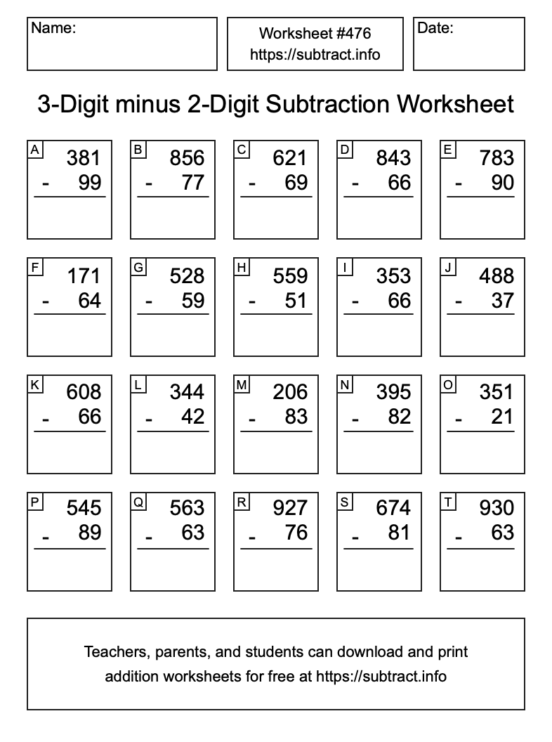 Subtraction Worksheet #476 (3-Digit minus 2-Digit)
