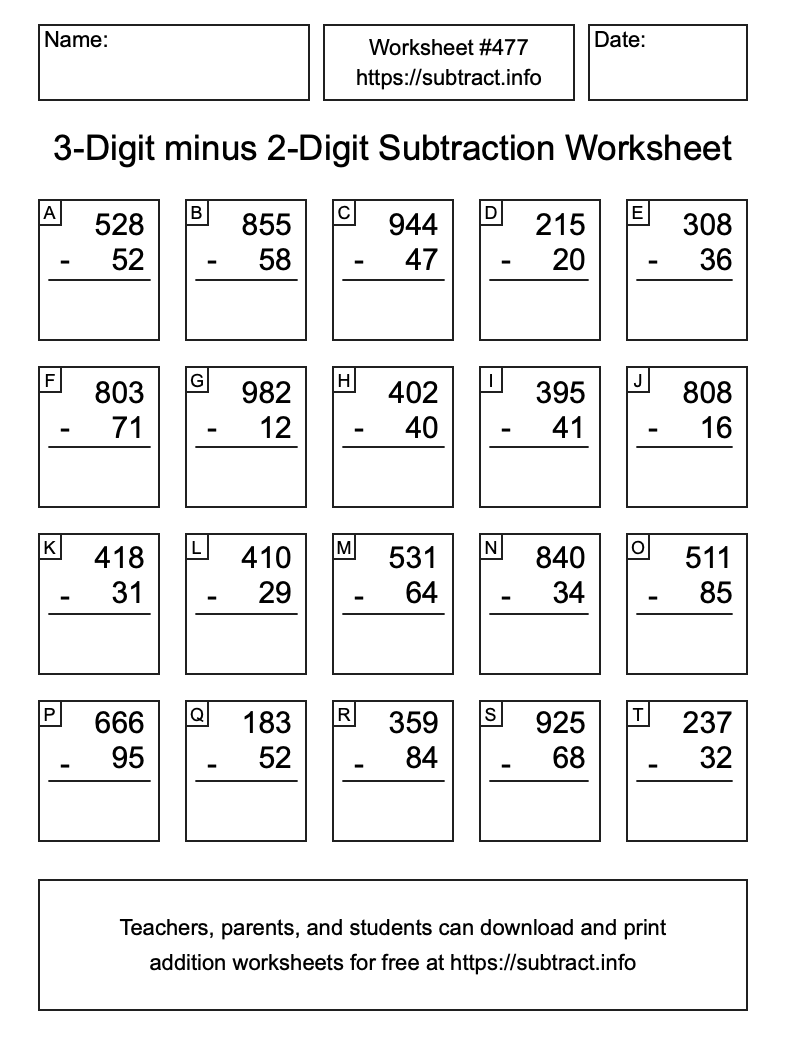 Subtraction Worksheet #477 (3-Digit minus 2-Digit)