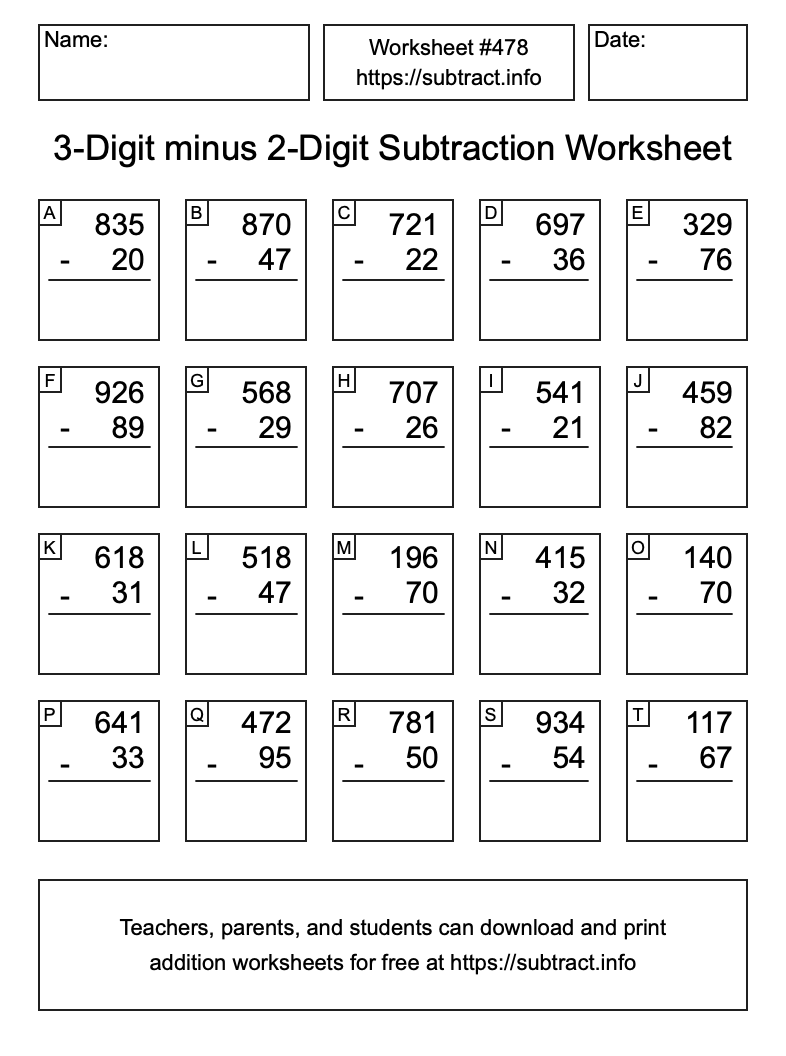 Subtraction Worksheet #478 (3-Digit minus 2-Digit)