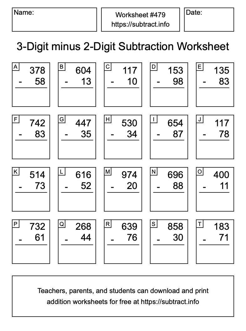 Subtraction Worksheet #479 (3-Digit minus 2-Digit)