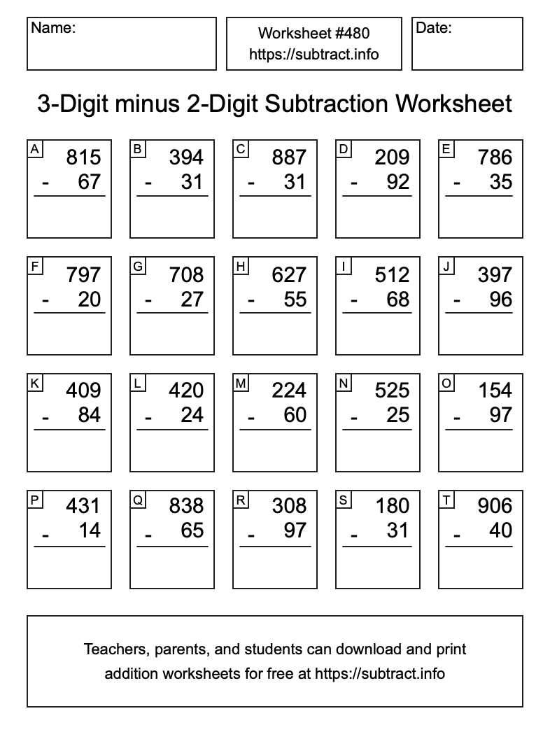 Subtraction Worksheet #480 (3-Digit minus 2-Digit)