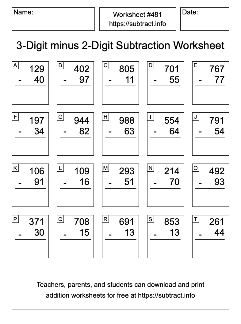 Subtraction Worksheet #481 (3-Digit minus 2-Digit)