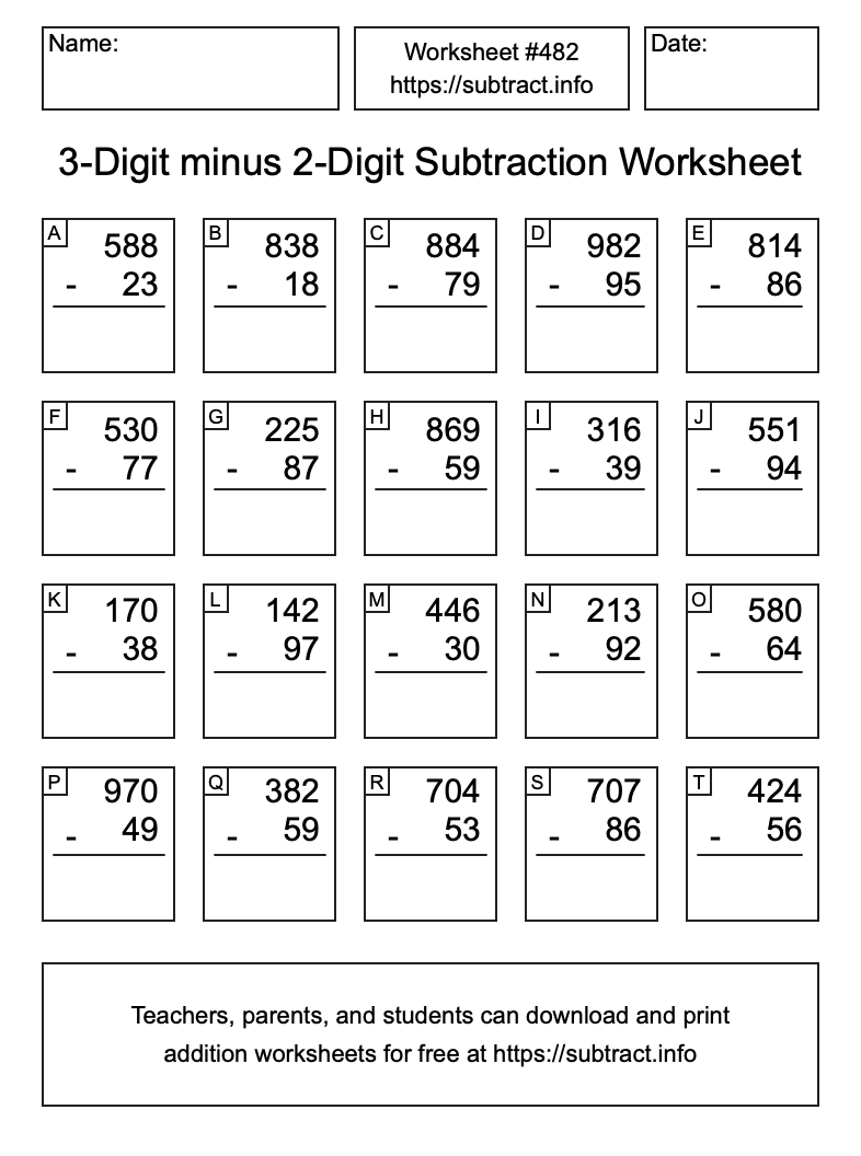 Subtraction Worksheet #482 (3-Digit minus 2-Digit)