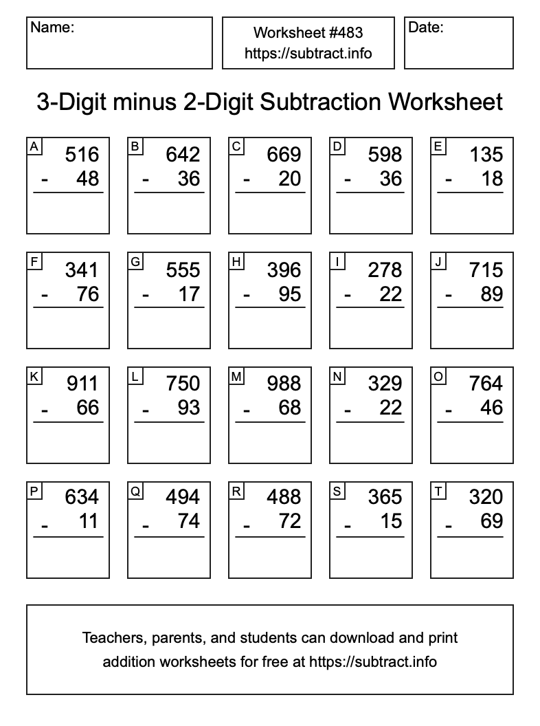 Subtraction Worksheet #483 (3-Digit minus 2-Digit)