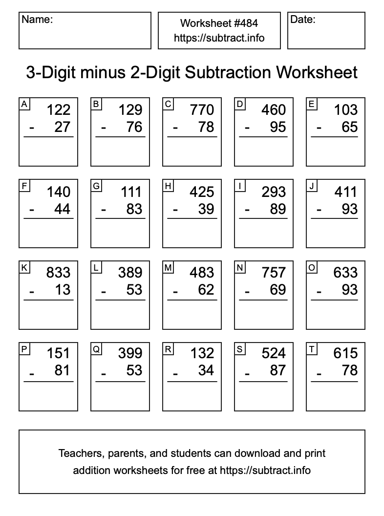 Subtraction Worksheet #484 (3-Digit minus 2-Digit)