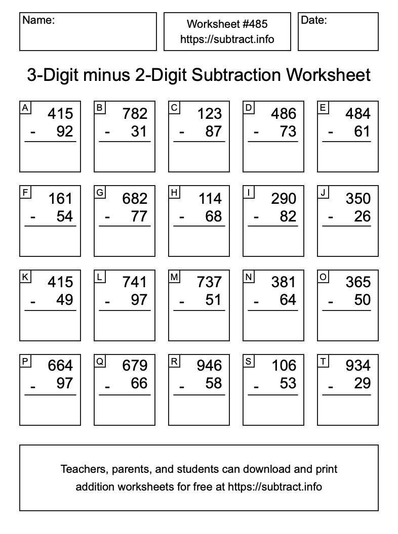 Subtraction Worksheet #485 (3-Digit minus 2-Digit)