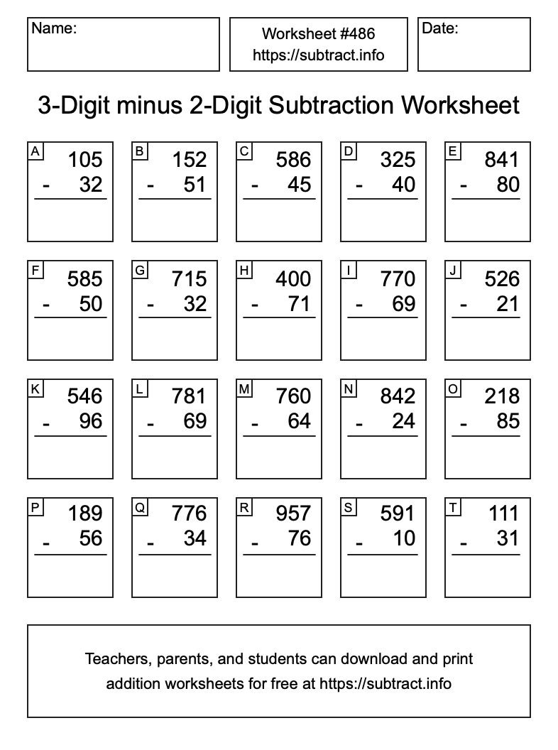 Subtraction Worksheet #486 (3-Digit minus 2-Digit)