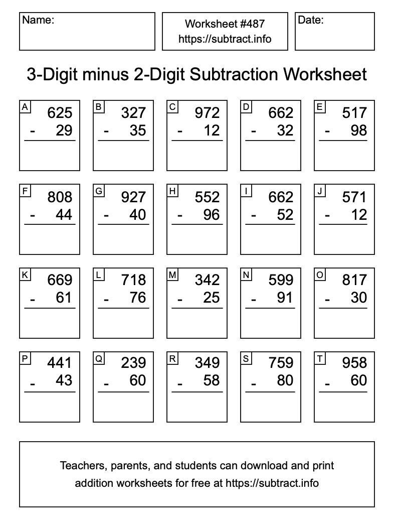 Subtraction Worksheet #487 (3-Digit minus 2-Digit)