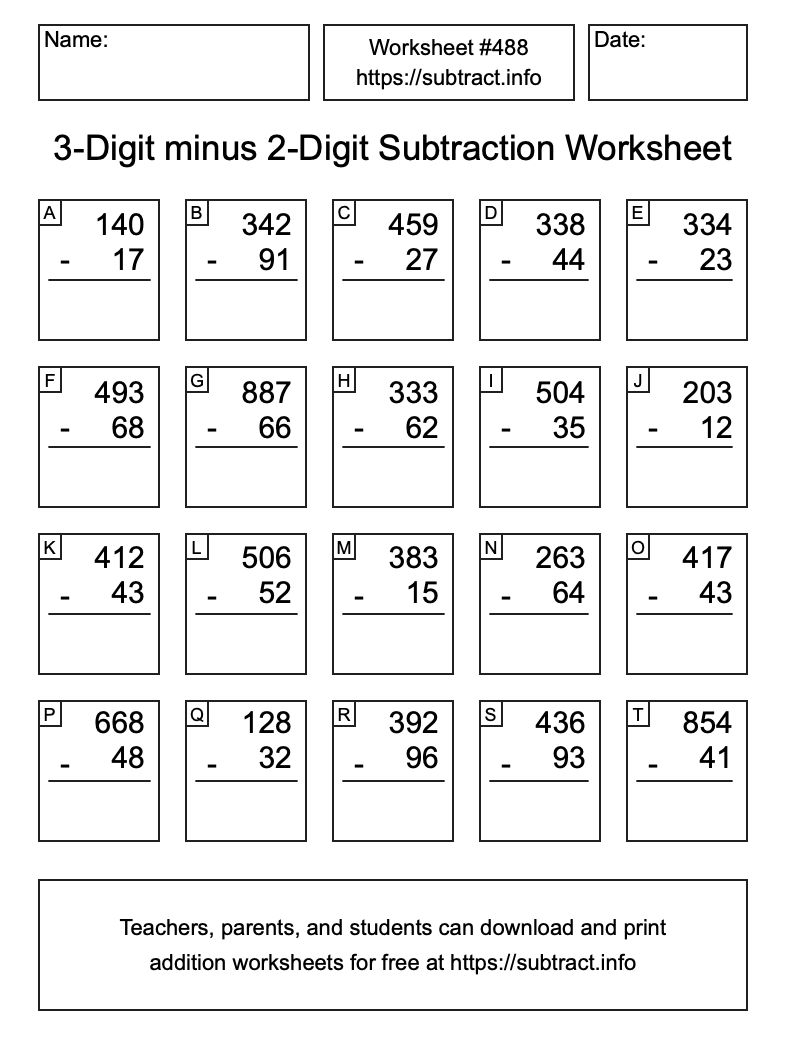 Subtraction Worksheet #488 (3-Digit minus 2-Digit)