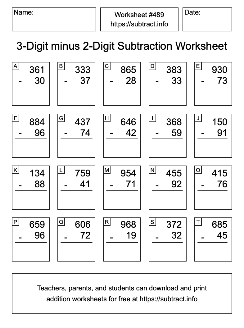 Subtraction Worksheet #489 (3-Digit minus 2-Digit)