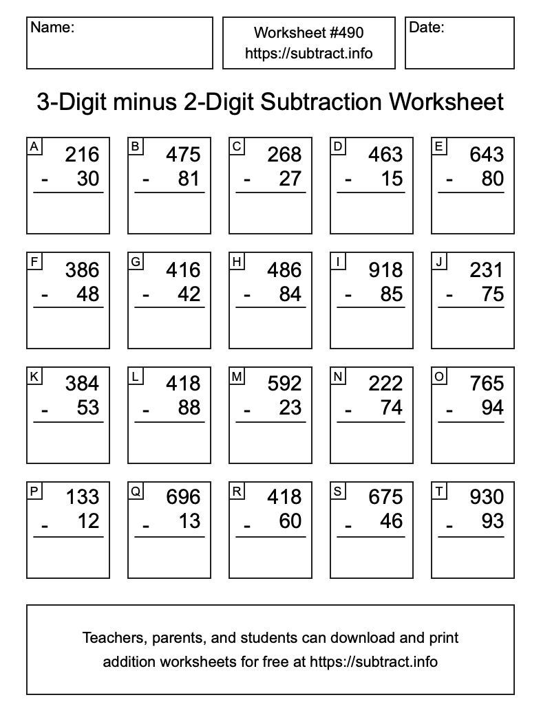 Subtraction Worksheet #490 (3-Digit minus 2-Digit)