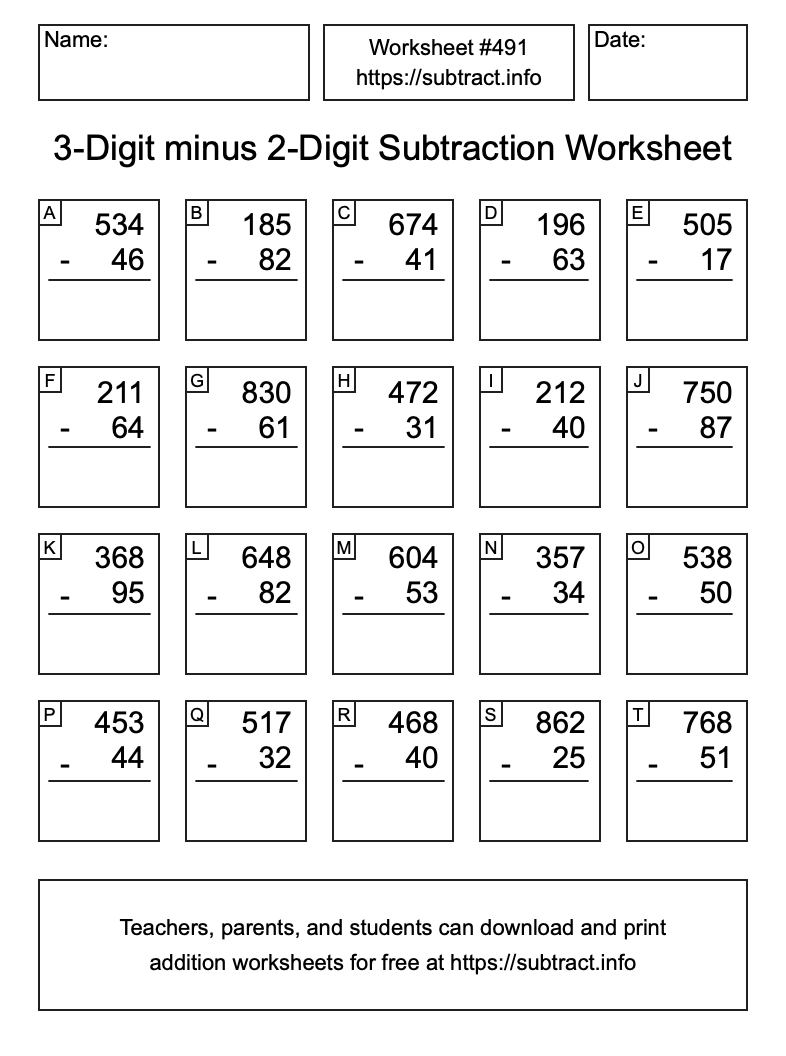 Subtraction Worksheet #491 (3-Digit minus 2-Digit)