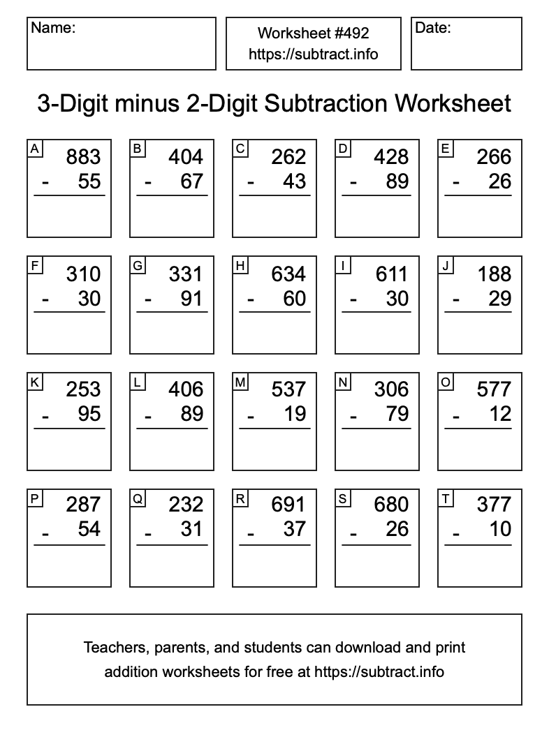 Subtraction Worksheet #492 (3-Digit minus 2-Digit)
