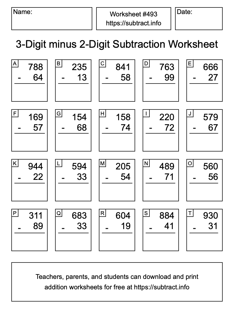 Subtraction Worksheet #493 (3-Digit minus 2-Digit)